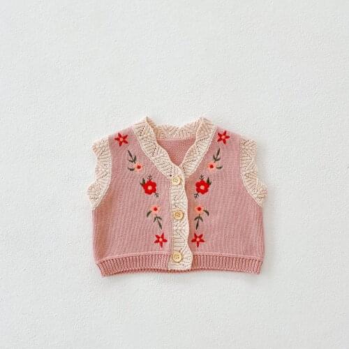 Baby Girls Sweaters Spring Autumn Girl Exquisite Embroidery Single-breasted V-Neck Vest Kids Cotton Knit Clothes Toddler Tops