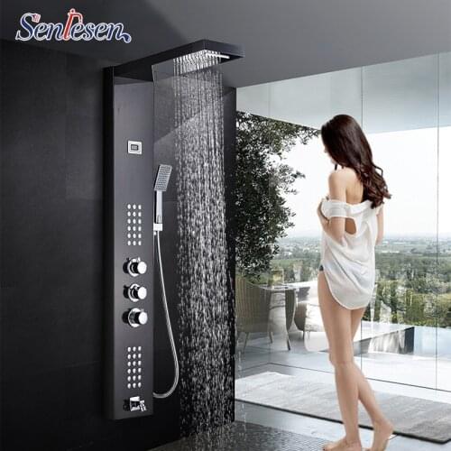 Senlesen Black Thermosatatic Shower Column Panel Wall Mount W/ Massage Jets Para Bathroom Shower Douche Hot and Cold Water Mixer