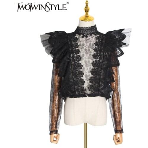 TWOTWINSTYLE Patchwork Lace Shirts For Women Turtleneck Butterfly Short Sleeve Loose Designer Summer Clothes Female 2020 Fashion