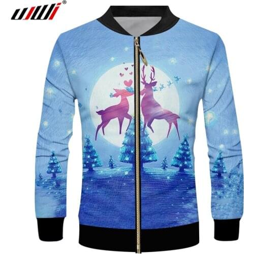 UJWI Snowflake Christmas Mens Winter Zipper Coat 3D Printed Moon And Purple Elk Man Lovel Animal Big Size Zip Jacket