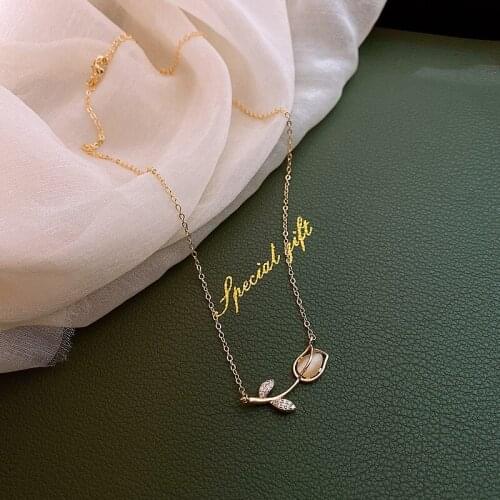 Korean New Design Fashion Jewelry Exquisite Luxury Zircon Opal Tulip Flower Pendant Necklace Sexy Clavicle Necklace for Women