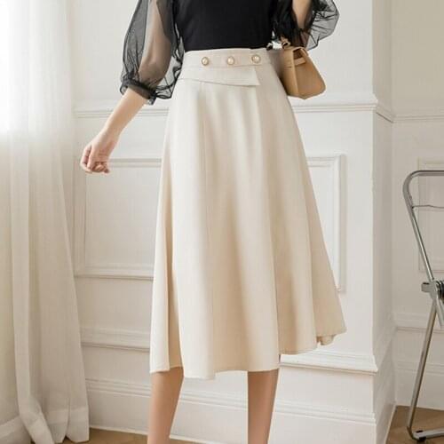 Vintage A-line Pleated Skirts Womens Summer Irregular Buttons High Waist Korean Female Skirt 2021 New Slim Office Lady Suit Jupe