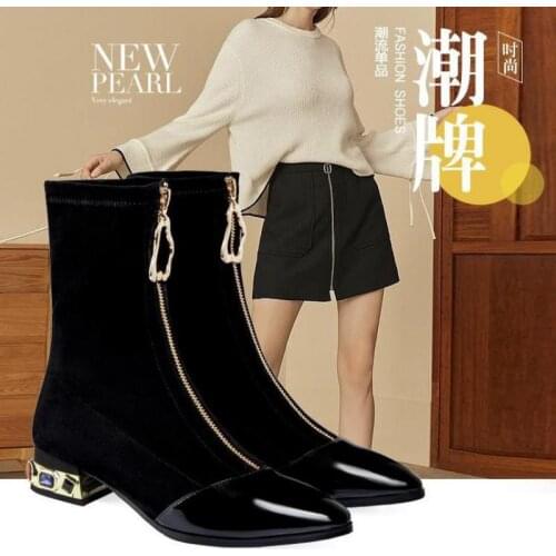 Elastic Short Boots Rhinestone High Heels Women Autumn Shoes Square Toe Front Zipper Black Ladies Crystal Rain Boots Size 35-42