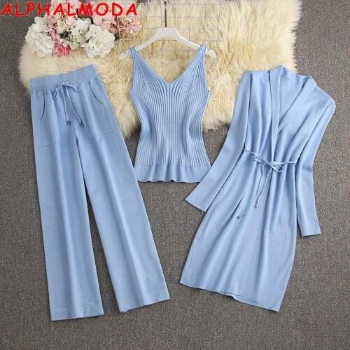 ALPHALMODA 2021 New Arrival Womens Knitted Long Cardigan + Vest + Straight Pants 3pcs Trendy Suits Ladies Casual Pants Sets