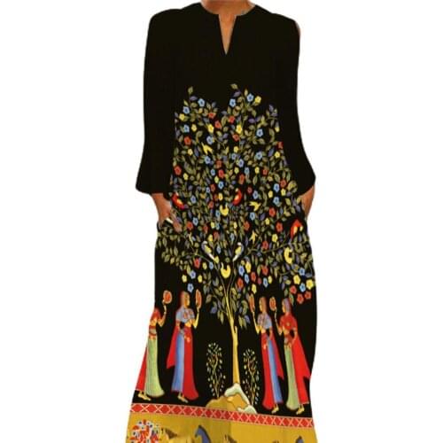 Hot Sale Autumn Fashion Long Dress Vintage Print V Neck Women Long Sleeve Large Hem Insert Pockets Dress Beachwear Plus Size2021