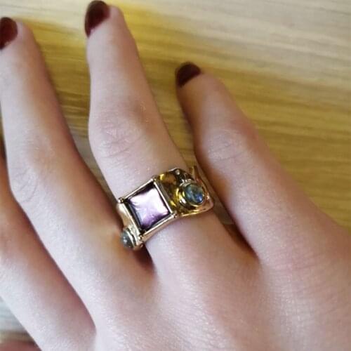 Casual Gold Color Plating Red Square Green Round Stone Decorated Ring For Women Girl Elegant Gorgeous StatementJewelry Accessory