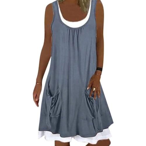 Women Dress 2021 Summer Round Neck Pleated Pocket Dress Female Casual Knee-length Sleeveless Dresses Loose Ladies Clothes