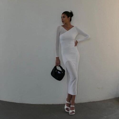 Autumn White Fashion Slim Dress Women Sexy V Neck Full Sleeve Streetwear Casual Lady Split Long Dresses 2021 New