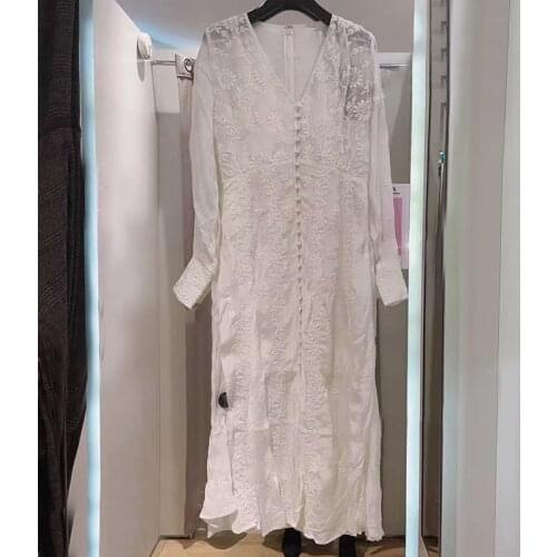 Women Dress 2021 Spring and Summer New French Elegant Floral Embroidery V-neck Single-breasted Long Dress Women