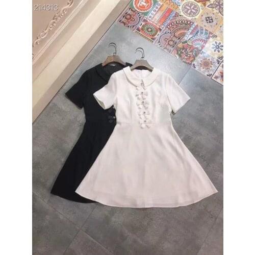 Summer Women Vintage Mini Dress 2021 Fashion Runway Ladies Peter pan Collar Short Sleeves Slim Straight Mini White / Black Dress