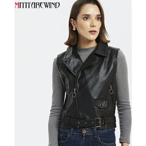 PU Leather Vest Women Spring Autumn Korean Fashion Short Sleeveless Jacket Slim Fit Waistcoat Moto&biker Black Tops With Belt
