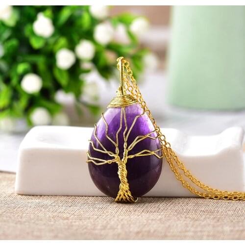 1PC Natural Crystal Tree Of Life Pendant Healing Amulet Quartz Lapel Necklace Water Drop Womens Healing Stone jewelry DIY Gift
