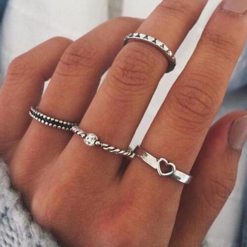 4pcs / Set Bohemian Retro Anillos Crystal Heart Ring Set For Women Party Gift Boho Stackable Knuckle Rings Set Jewelry