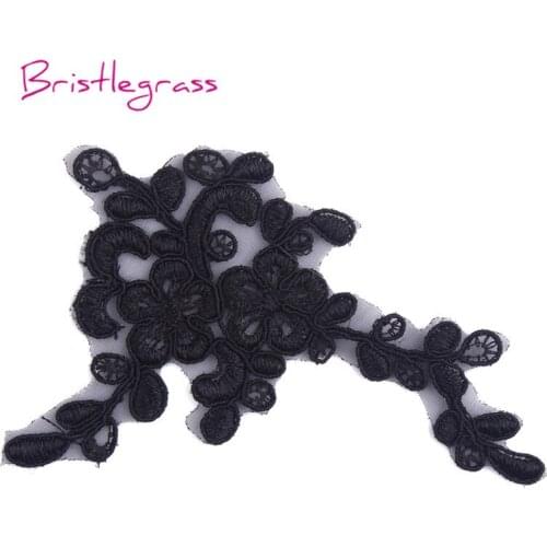 BRISTLEGRASS 5 PCS Black Embroidered Flower Applique Patches Tulle Mesh Lace Trims Bridal Wedding Dress Costume DIY Sewing Carft