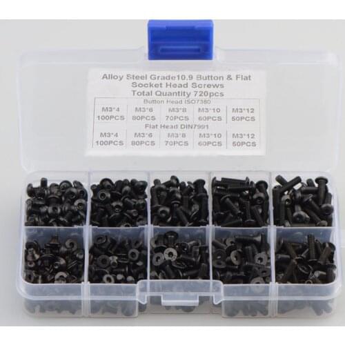 720pcs M3 Carbon Steel Black Round Head Screw and Countersunk Head Flat Head Bolt Kit Hex Hexagon Socket Screw Combination Set