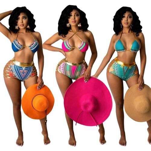 ZKYZWX Bandana Print Summer Bikinis Set Halter Crop Top Side Hollow Biker Shorts Bathing Suit for Women Sexy Beachwear Swimsuit