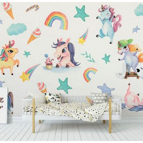 Girls Room Decor Cute Rainbow Unicorn Wall Stickers DIY Vinyl Home Wall Decals Kids Living Room Bedroom Cartoon Horse Wallpaper