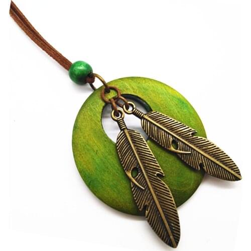 Leaf Green Ethnic Wood Long Vintage Bead Charms Bronze Pendants Leather Necklace Women Sweater Chain Female Men Jewelry