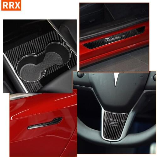 For Tesla Model 3 Carbon Fiber Glue Sticker Center Console Cup Holder Steering Wheel Door Handle Protector Decor Car Accessories
