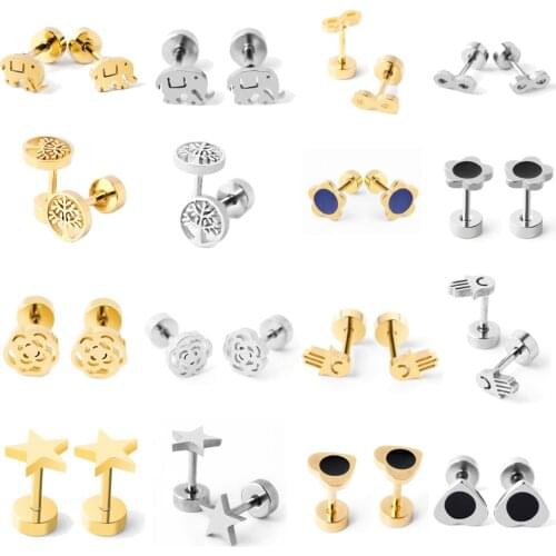 Double Sided Stainless Steel Round Star Crystal Ear Stud Cuff Earrings for Women Men Trendy Simple Metal Heart Hand Earrings