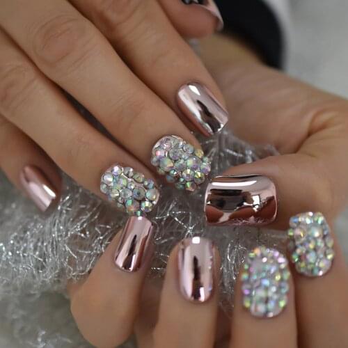 Pink Metallic Sexy False Acrylic Nail Art Tips Light Pink AB Rhinestones Decorative Mirror Shiny Short Artificial Nails