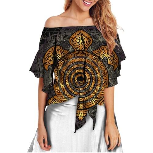 HYCOOL Fiji Tribal Sea Turtle Print Latest Blouse Styles Flare Sleeve Bow Casual Women Shirt Sexy Slash Neck Summer Ladies Tops