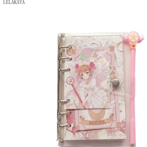 Kawaii Japan Card Captor Sakura Action Figure Printed PVC Cover A6 Notebook Set with Magic Wand Pen Dairy Book for girls Gift