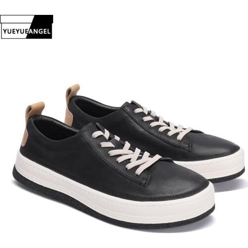 Men Genuine Leather Breathable Trainers Street Platform Height Increasing Casual Shoes Office Luxury Black Zapatillas Hombre