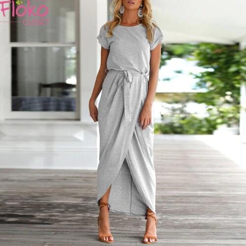 Flokocloset Summer Elegant O-Neck Short Sleeve Sashes Maxi Dress Casual Office Lady Split Dresses Vestidos