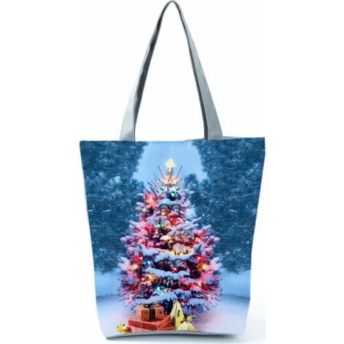 Fashion Women Girls Tote Bag Christmas Pattern Handbags Tree Eco Polyester Reusable Shopping Bags Foldable Shoulder Bags Gift
