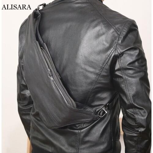Alisara Male Chest Pack First Layer Sheepskin Leather Men Hand Bag Casual Big Capacity Messenger Crossbody Shoulder Daypack
