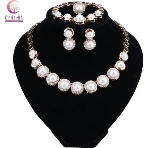 Crystal Bridal Jewelry Sets Gold Color Wedding Simulated Pearl Necklace Earrings Bracelet Ring Set Wedding Accessories