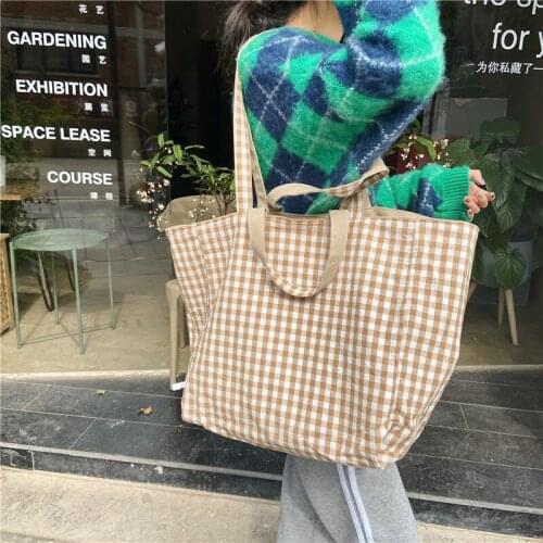 New 2021 simple plaid double-sided shoulder bag student female leisure dual-use big bag