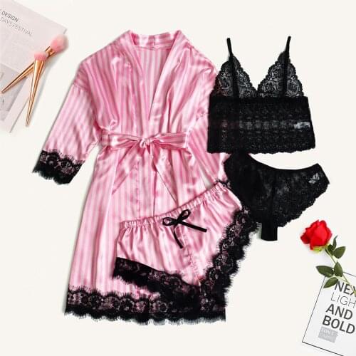 New 4 Pieces Women Pajamas Sets Faux Silk Pajamas Sleepwear Sets Elegant Sexy Lace Fashion Casual Home Clothes Nightwear