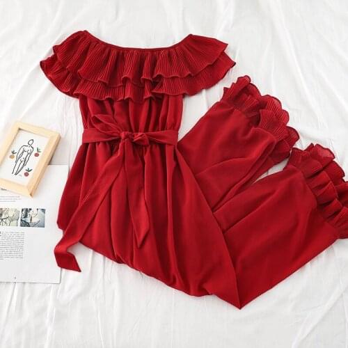 New Spring Summer Drawstring Chiffon Ruffles Jumpsuits Elegant Off Shoulder High Waist Jumpsuit Women Sashes Wide Leg Pants M658