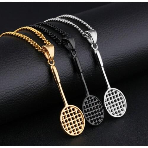 High Quality Charming Jewelry Stainless Steel Silver Color 3D Badminton Racket Design Pendants Necklaces Men Women Box Chain 24"