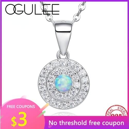 OGULEE Silver 925 Pendant Necklace Shining AAA+ Cubic Zirconia and Blue Opal Round Fine Necklace for Women Jewelry