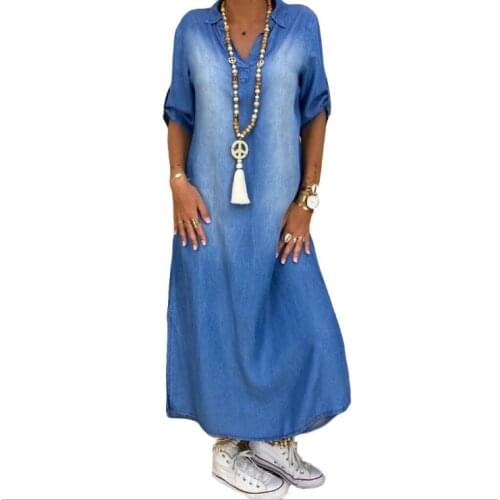 Womens Denim Dress Midi Dress 3/4 Length Sleeve Solid Color Print Summer Casual 2021 Dusty Blue Light Blue S M L XL XXL 3XL #85