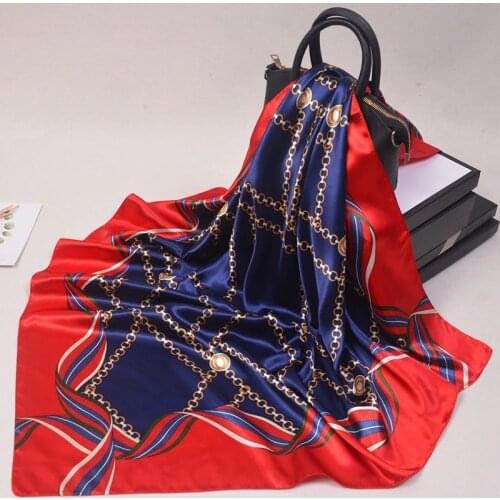 Silk Scarf Women Print Hair Neck Square Scarves Office Ladies Shawl Bandanna 90X90CM Muslim Hijab Handkerchief Muffler Foulard