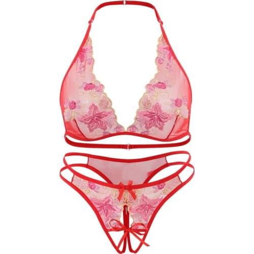 Sexy Women Bikini suit hot Sexy Panties Seamless Lace Panties Open Crotch Thong Red Embroidery Bow Transparent underwear erotic