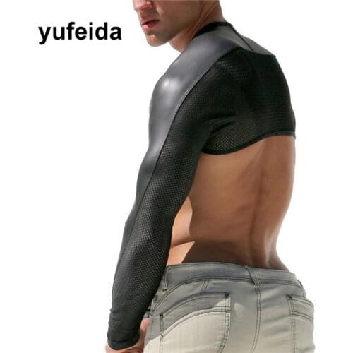Sexy Mens Bodysuit Faux Leather Undershirt Arm Sleeves Shrug Tops Hollow Arm Sleeves Shrug Snug-Fitting Underwear Party Clubwear