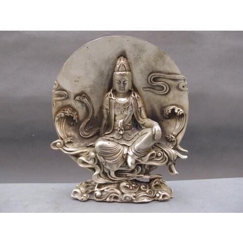 Tibet White Copper Silver Sit Comfortable Guanyin Bodhisattva Kwan-Yin Statue