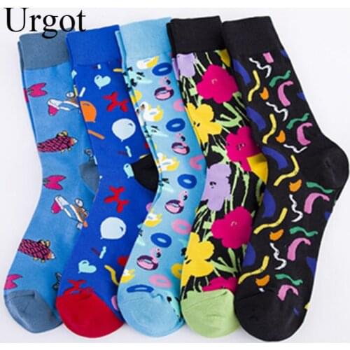 Urgot 5 Pairs Casual Mens Plus Large Size 44,45,46 Colorful Happy Socks Flower Creative Series Socks Meias Calcetines Hombre