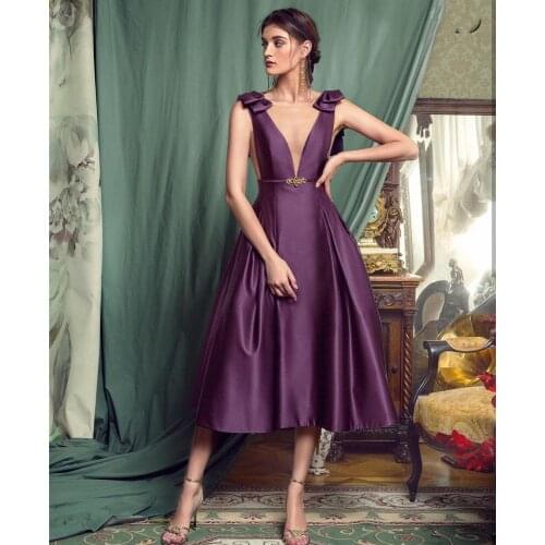 Evening Dress 2020 A-Line Deep V-Neck Ankle Length Sleeveless Women Christmas Party Women Simple Satin Graceful