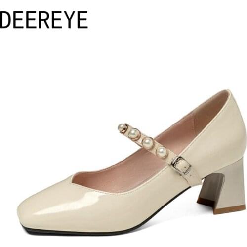 Retro British Patent Leather Instep Pearl High Heel Single V Shallow Pumps Adjustment Buckle Women Chunky Strange Ladies Shoes