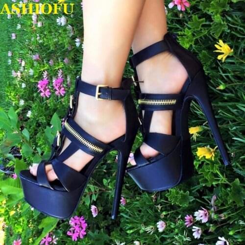 ASHIOFU Handmade Ladies High Heel Platform Sandals Buckle Strap Sexy Club Party Shoes Stiletto Dance Evening Fashion Sandals