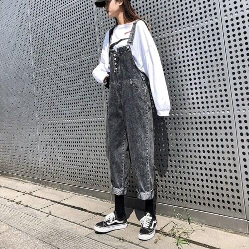2021 New Fashion Women Loose Overalls Classic Gray Jumpsuits Denim Bib Pantsn Female Spring Street Suspender Cowboy Trousers