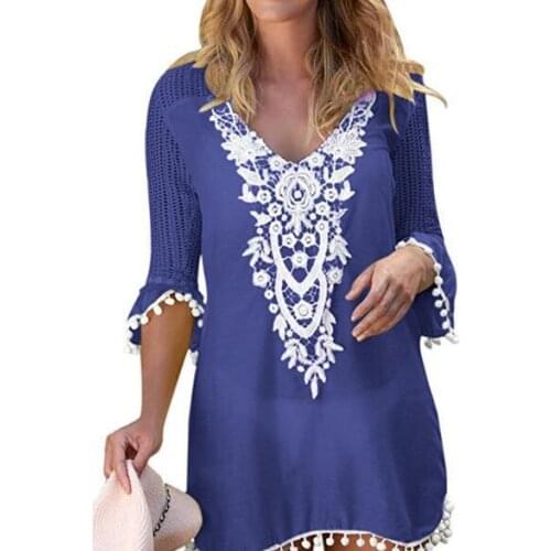 2021 Summer New Sexy V-Neck Lace Stitching Short-Sleeved Solid Color Dress Women Fashion Boho A-Line Dress Femme Robe Vestidos