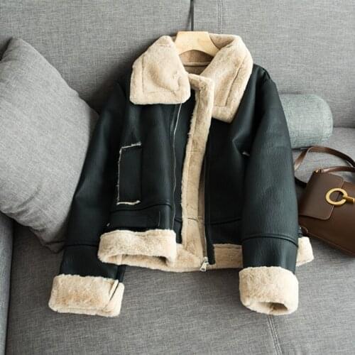 Winter Motorcyle Basic Jackets Plush Outerwear Warm Coat Streetwear Punk PU Jacket Faux Fur Jackets For Women