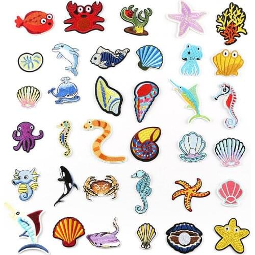 100pcs/lot Embroidery Patches Clothing Decoration Accessories Sea Animal Seafood Fish Shell Diy Iron Heat Transfer Applique